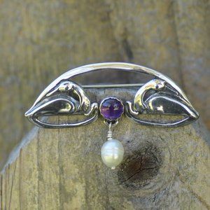 G Mumm Sterling Silver Swans Amethyst Pearl Pin Brooch